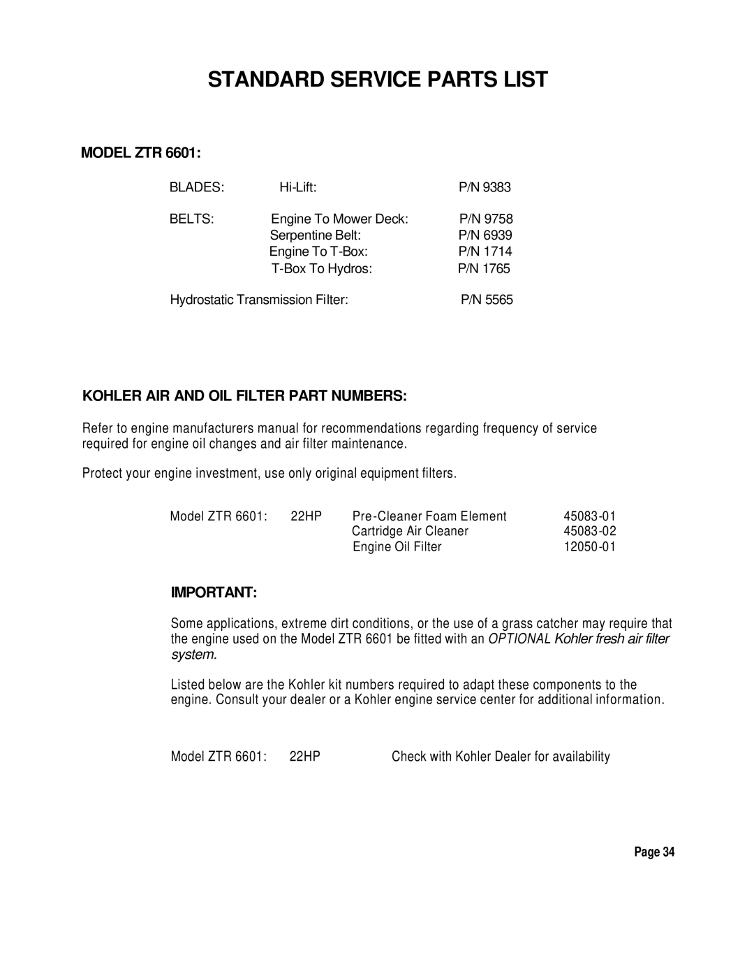 Dixon 6601 manual Model ZTR, Kohler AIR and OIL Filter Part Numbers 