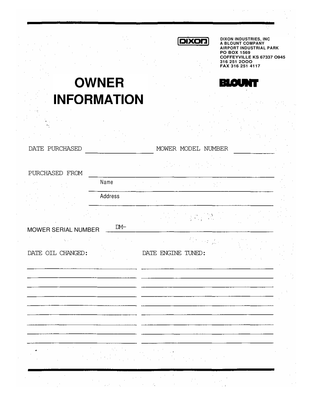 Dixon 6601 manual Owner Information 