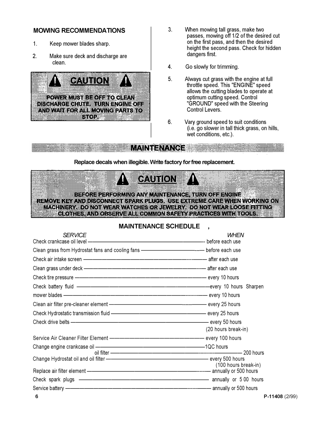 Dixon 700 Series manual Mowing Recommendations, Maintenance Schedule 