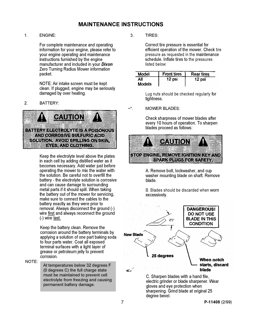 Dixon 700 Series manual Maintenance Instructions, Tightness, Engine Tires, Battery, Mower Blades 