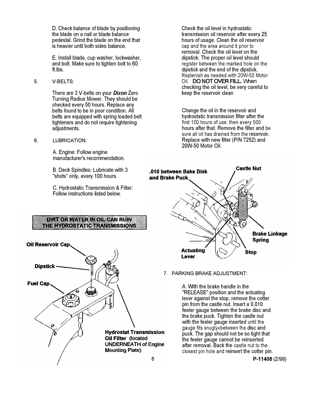 Dixon 700 Series manual Belts, Lubrication, Parking Brake Adjustment 