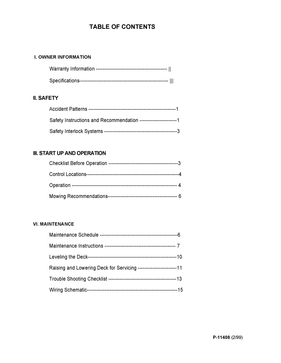 Dixon 700 Series manual Table of Contents 