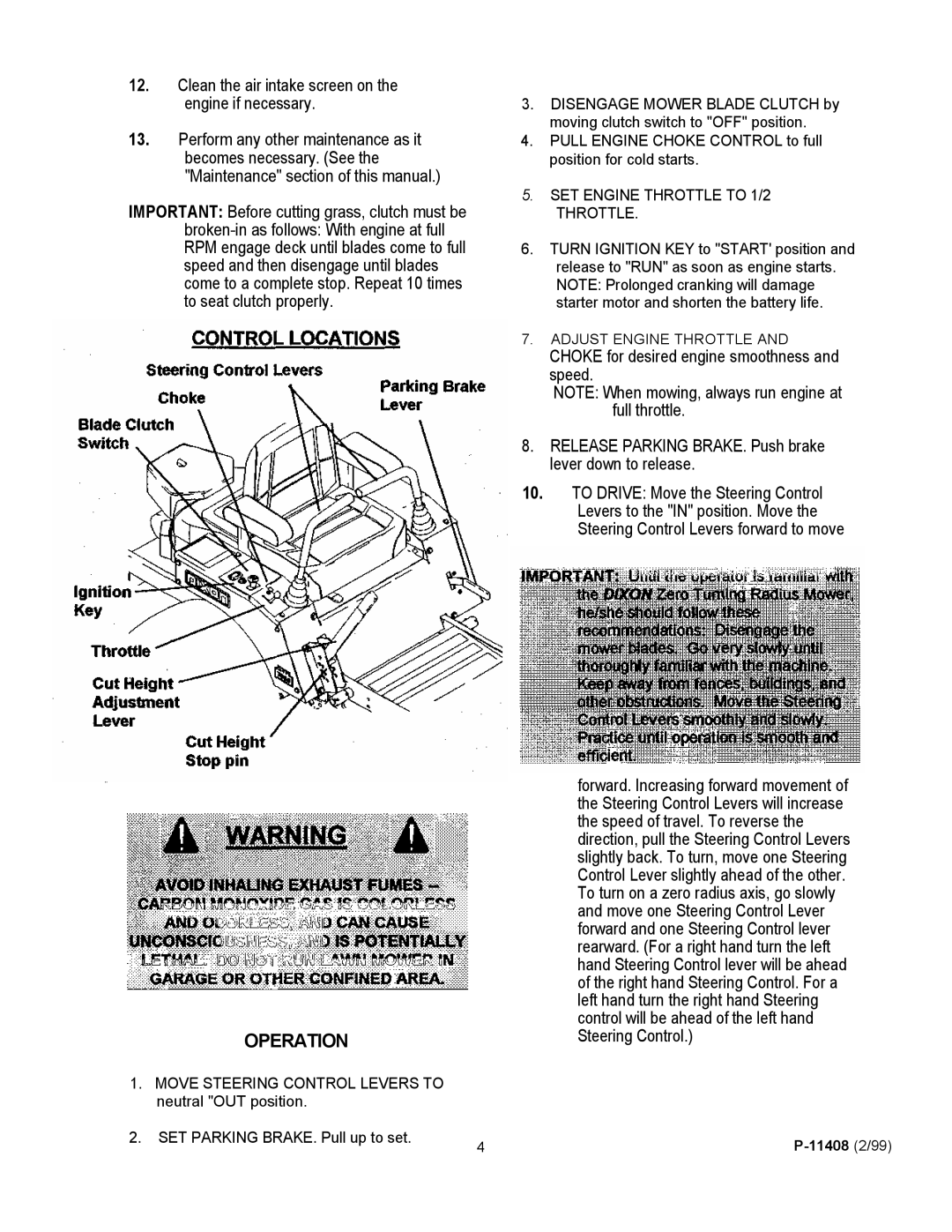 Dixon 700 Series Operation, Clean the air intake screen on the engine if necessary, SET Engine Throttle to 1/2 Throttle 