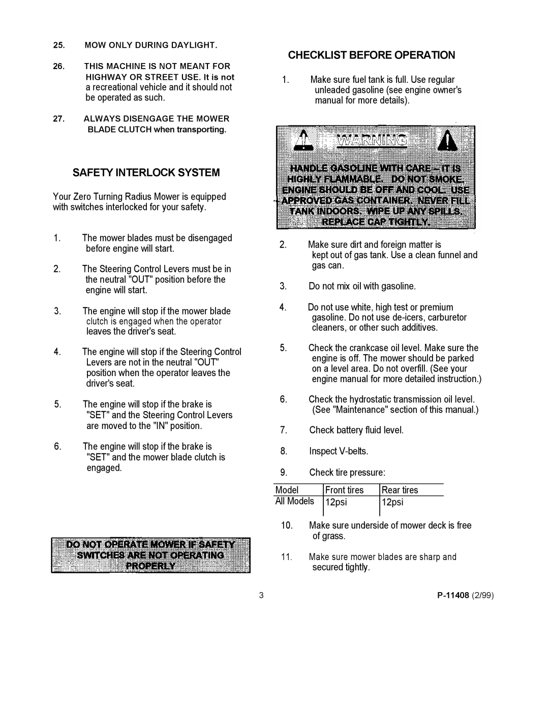 Dixon 700 Series manual Safety Interlock System, Checklist Before Operation 