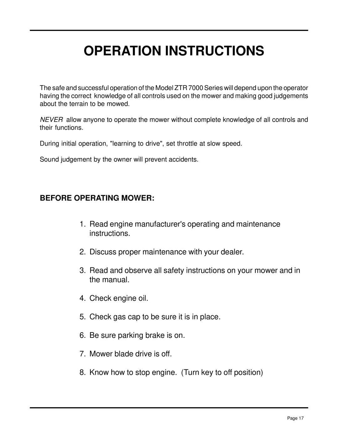 Dixon 7000 Series manual Operation Instructions, Before Operating Mower 