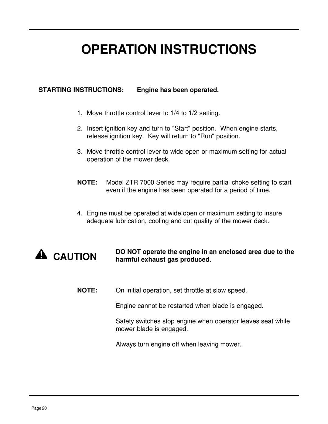 Dixon 7000 Series manual Starting Instructions 