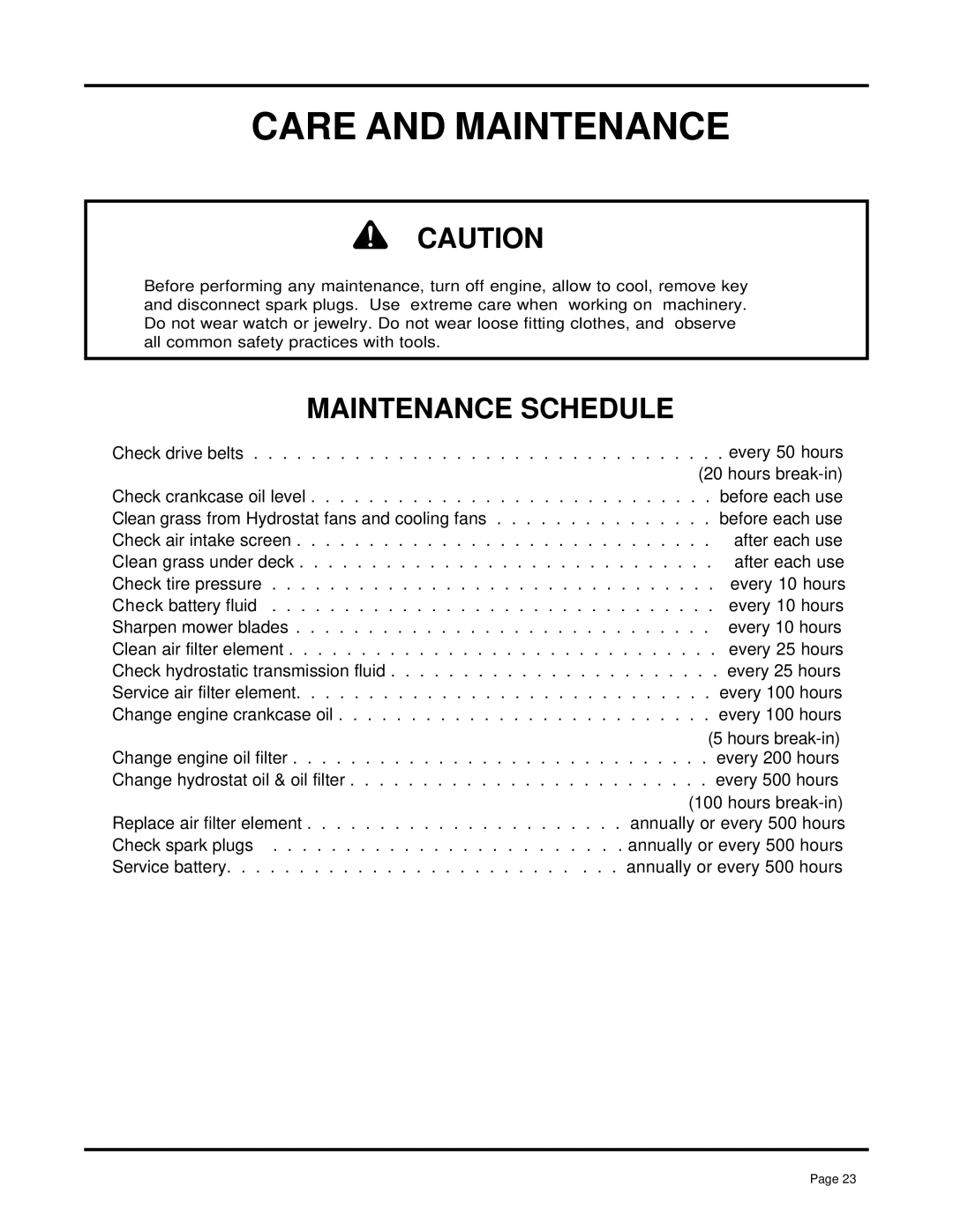 Dixon 7000 Series manual Care and Maintenance, Maintenance Schedule 