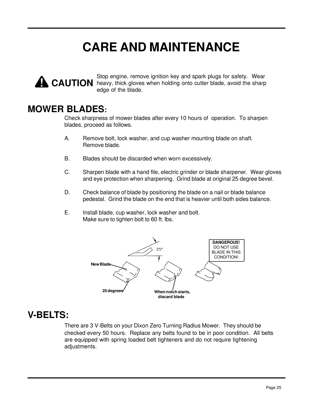 Dixon 7000 Series manual Mower Blades, Belts 