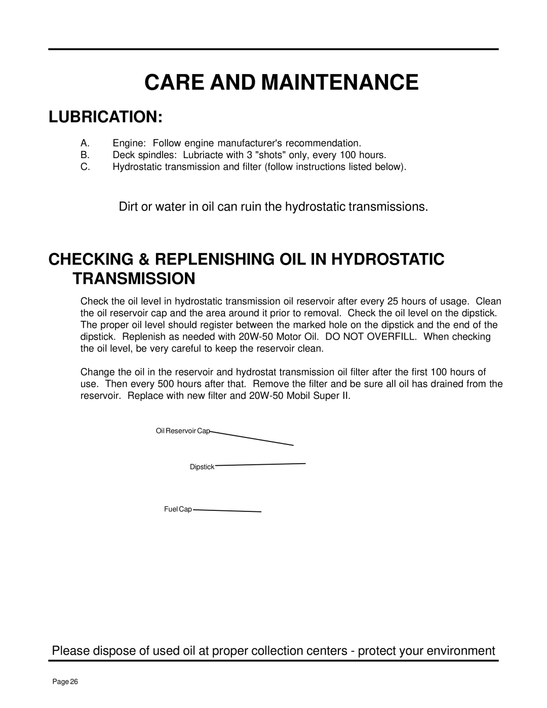 Dixon 7000 Series manual Lubrication, Checking & Replenishing OIL in Hydrostatic Transmission 