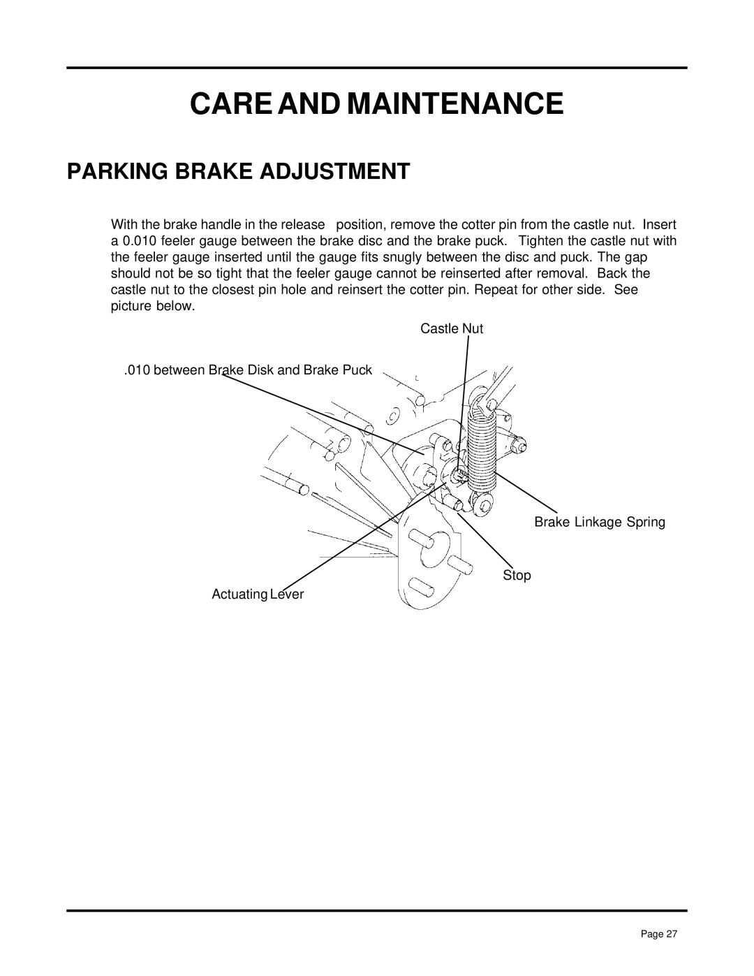 Dixon 7000 Series manual Parking Brake Adjustment 