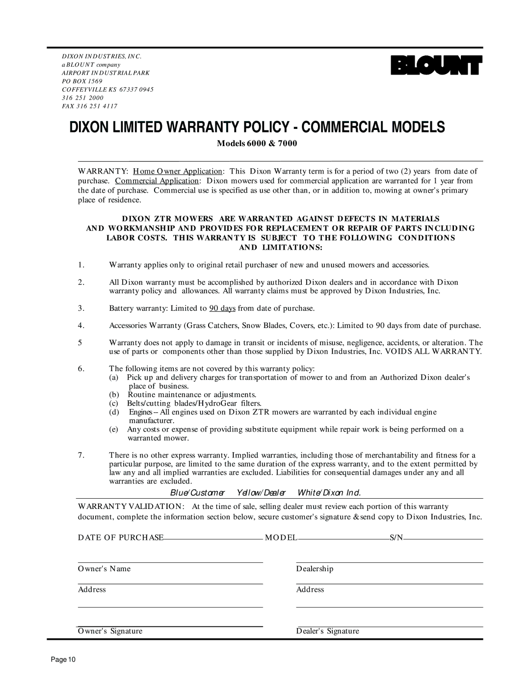 Dixon 7000 manual Dixon Limited Warranty Policy Commercial Models 