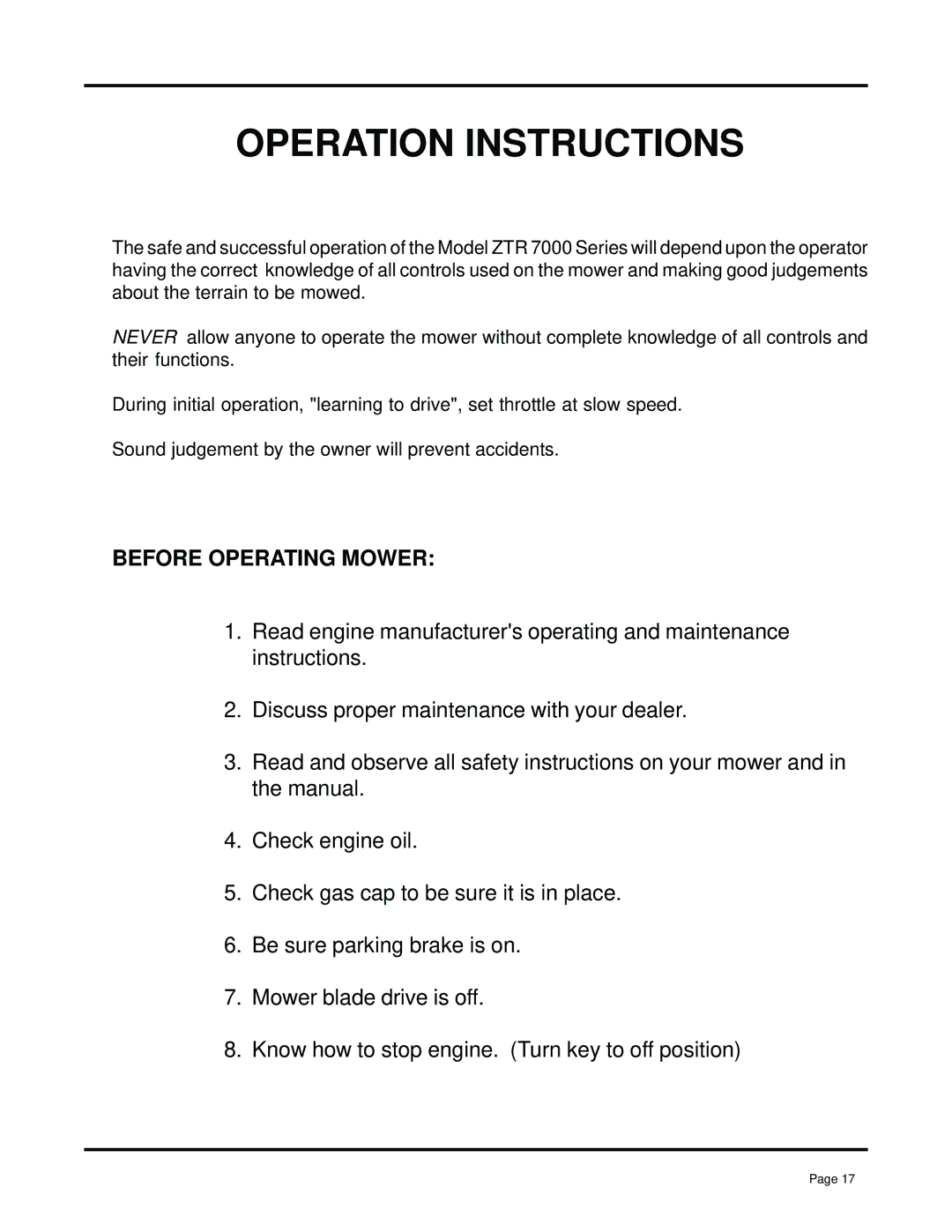 Dixon 7000 manual Operation Instructions, Before Operating Mower 