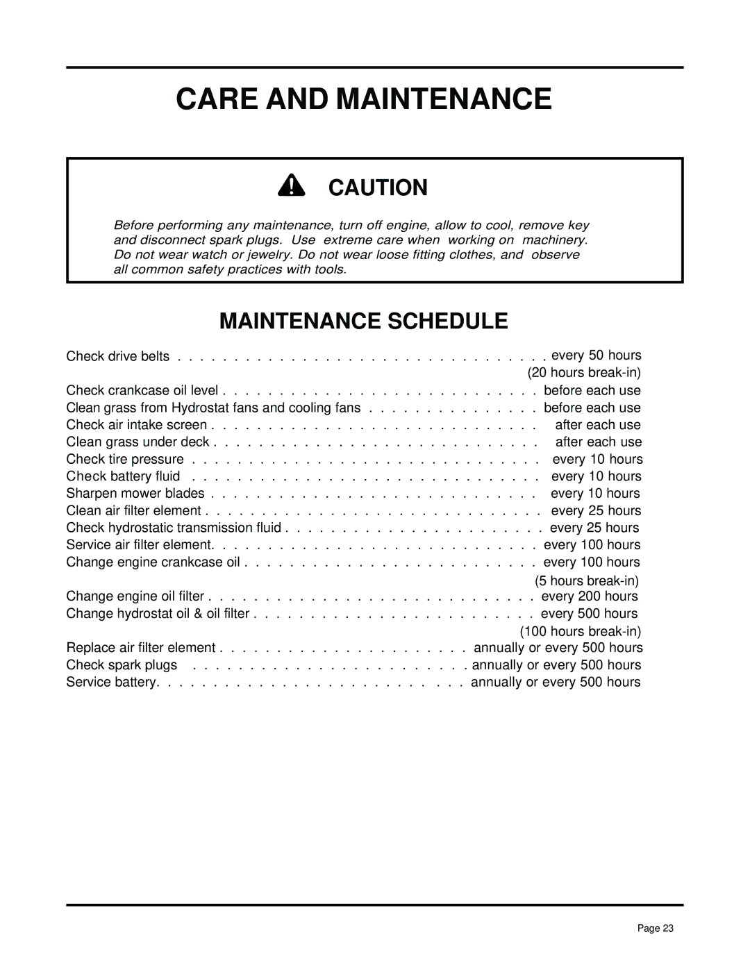 Dixon 7000 manual Care and Maintenance, Maintenance Schedule 