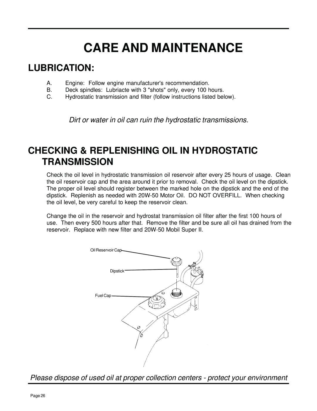 Dixon 7000 manual Lubrication, Checking & Replenishing OIL in Hydrostatic Transmission 