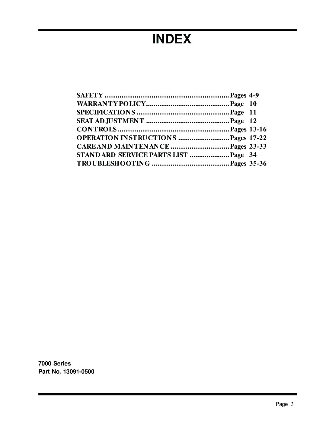 Dixon 7000 manual Index, Pages 