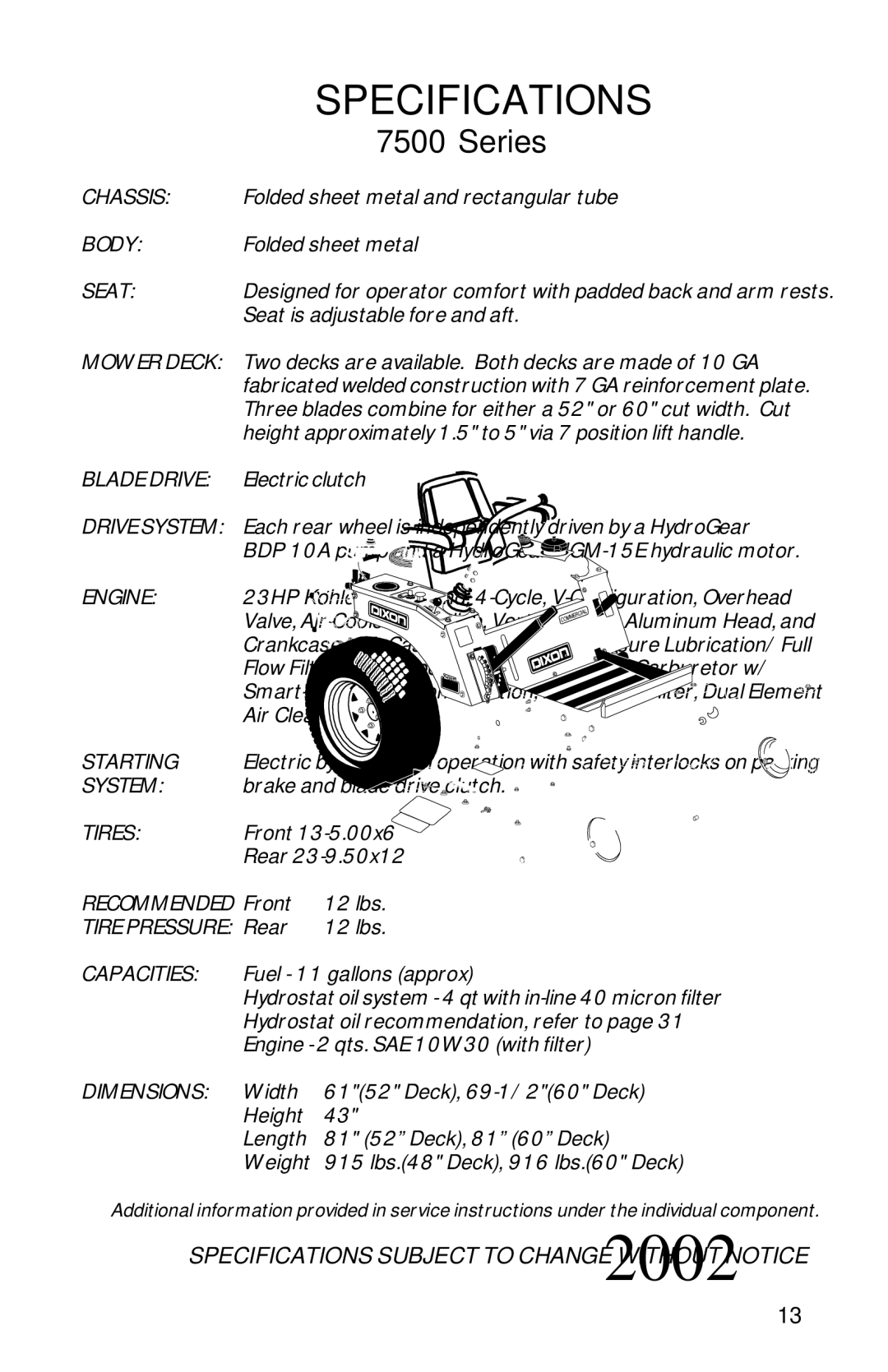 Dixon 7500 Series manual Specifications 