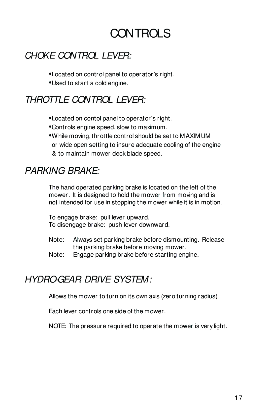 Dixon 7500 Series manual Choke Control Lever, Throttle Control Lever, Parking Brake, HYDRO-GEAR Drive System 