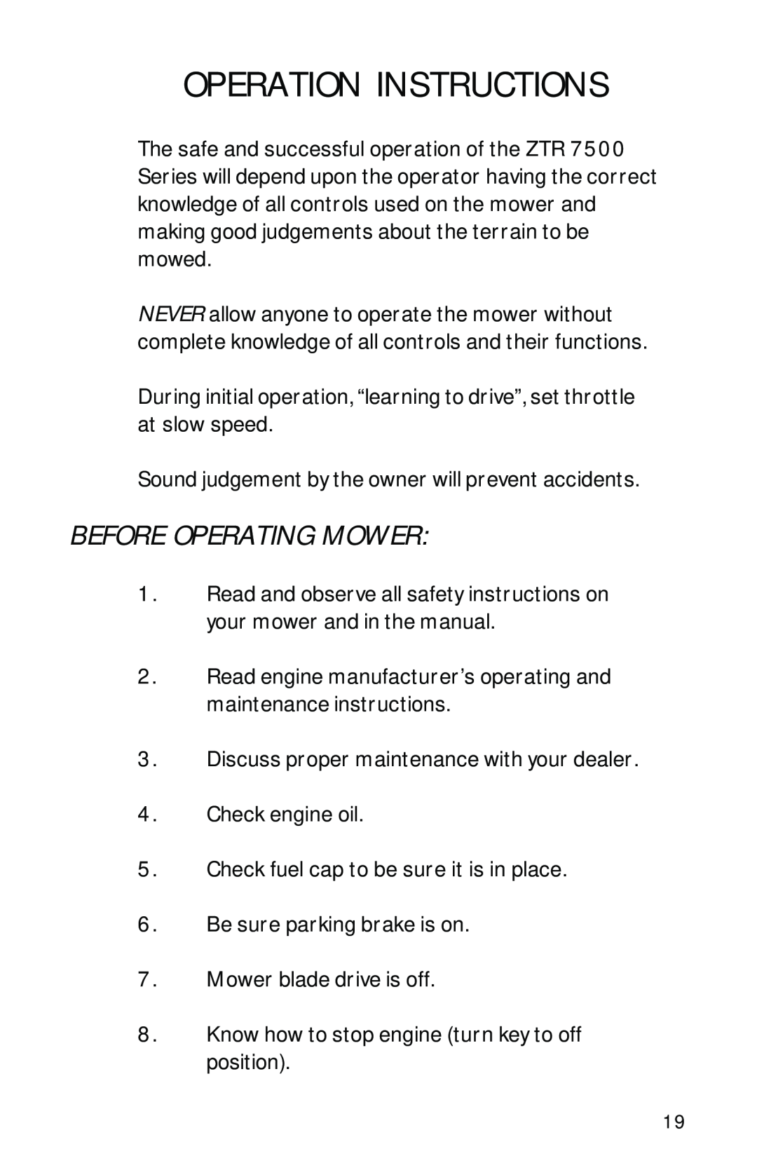 Dixon 7500 Series manual Operation Instructions, Before Operating Mower 