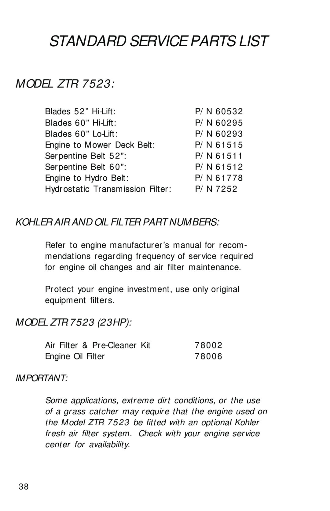 Dixon 7500 Series manual Standard Service Parts List, Model Ztr 