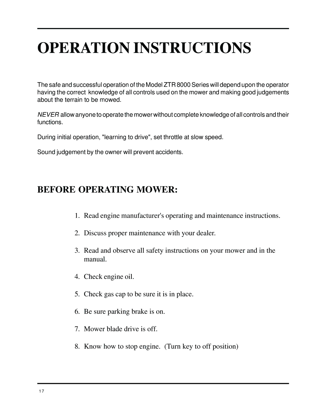 Dixon 8000 Series manual Operation Instructions 