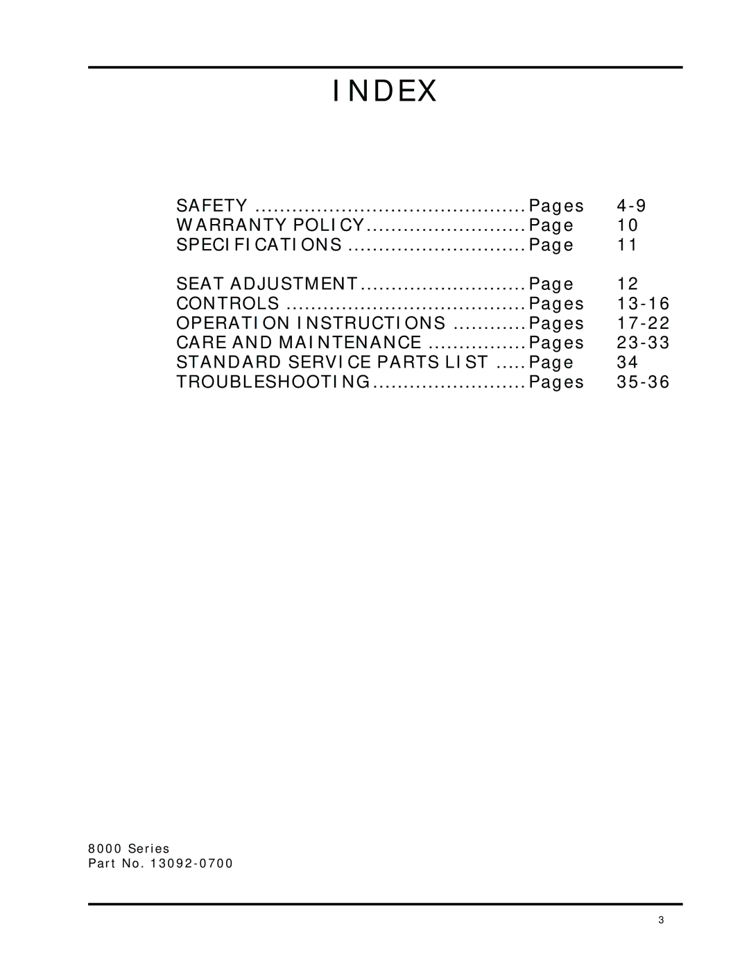 Dixon 8000 Series manual Index 