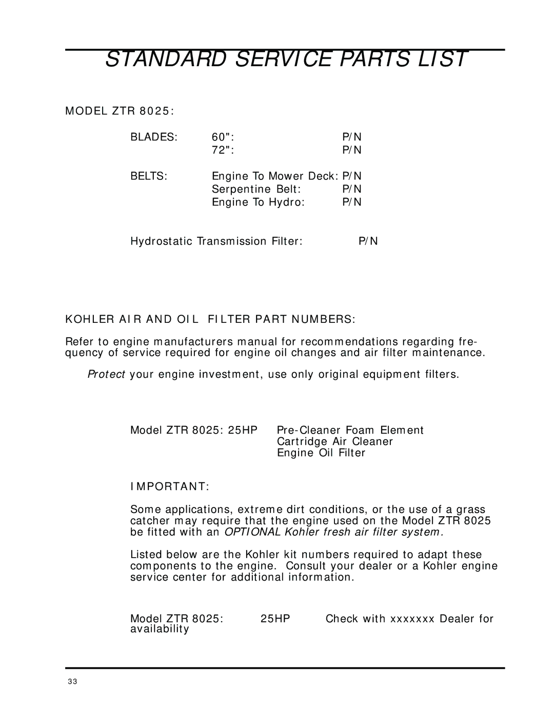 Dixon 8000 Series manual Standard Service Parts List 