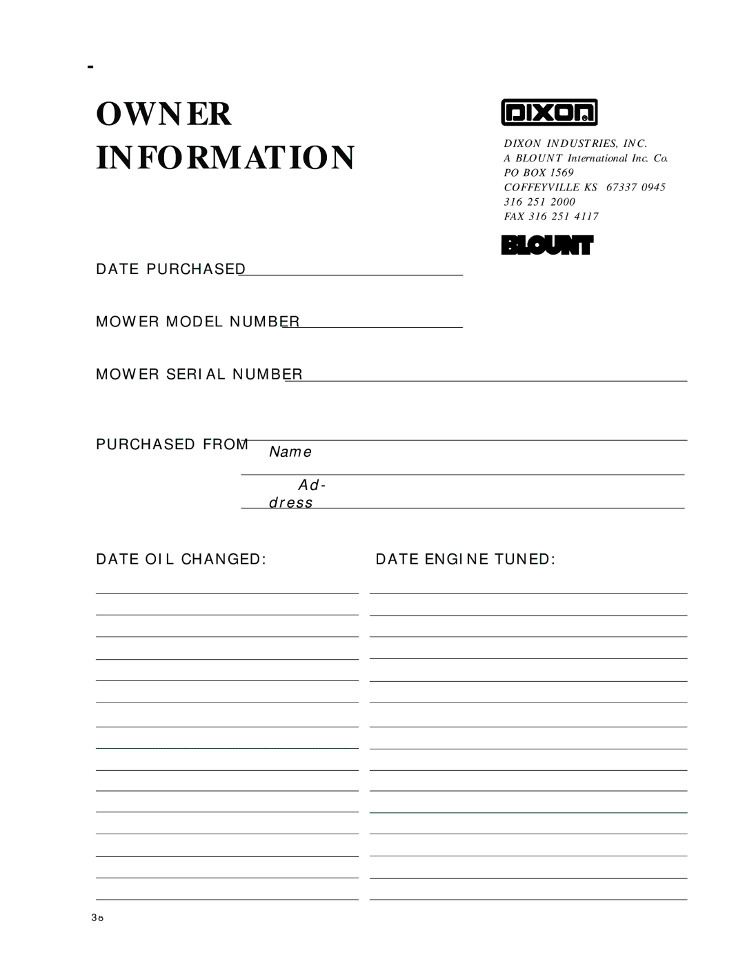 Dixon 8000 Series manual Owner Information 