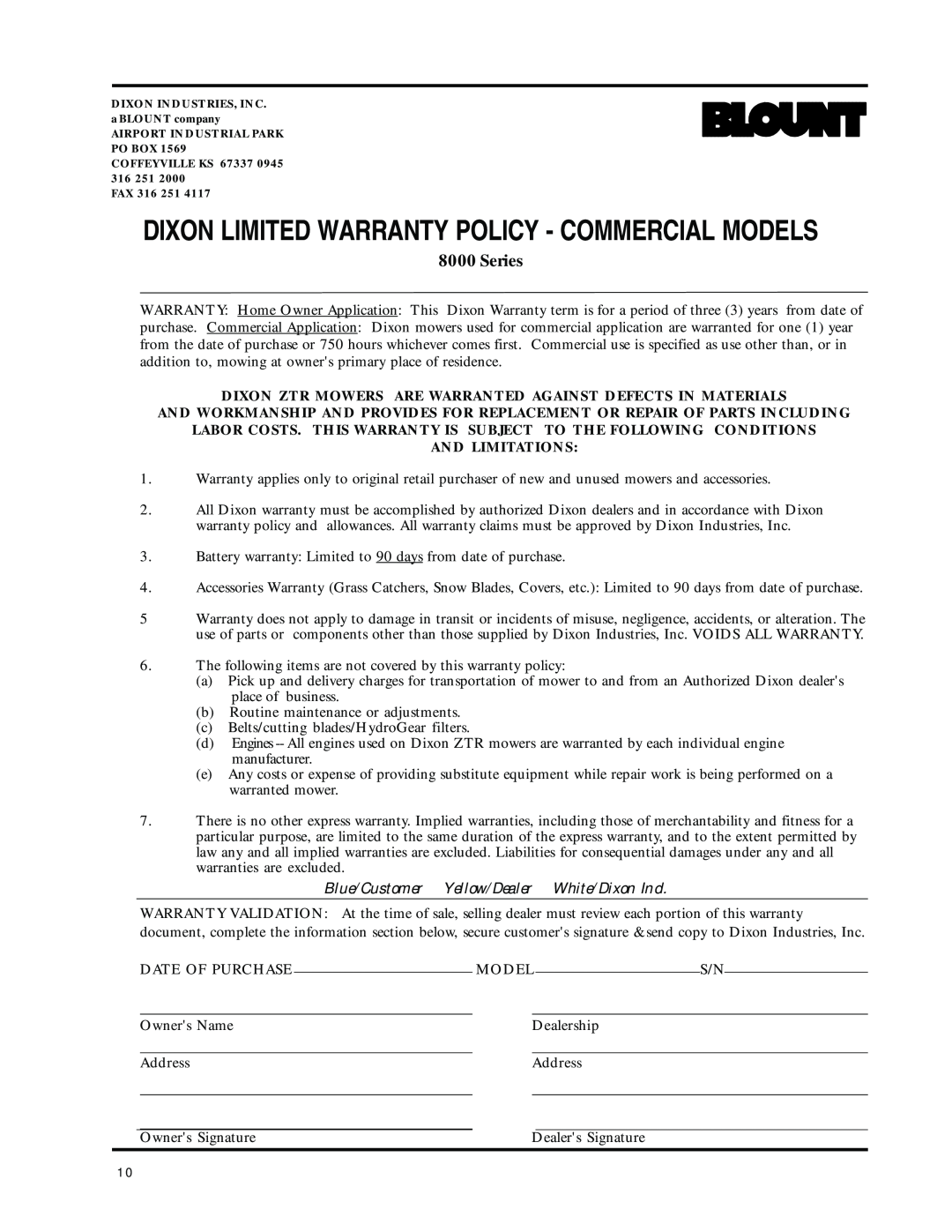 Dixon 8000 Series manual Dixon Limited Warranty Policy - Commercial Models, And Limitations 