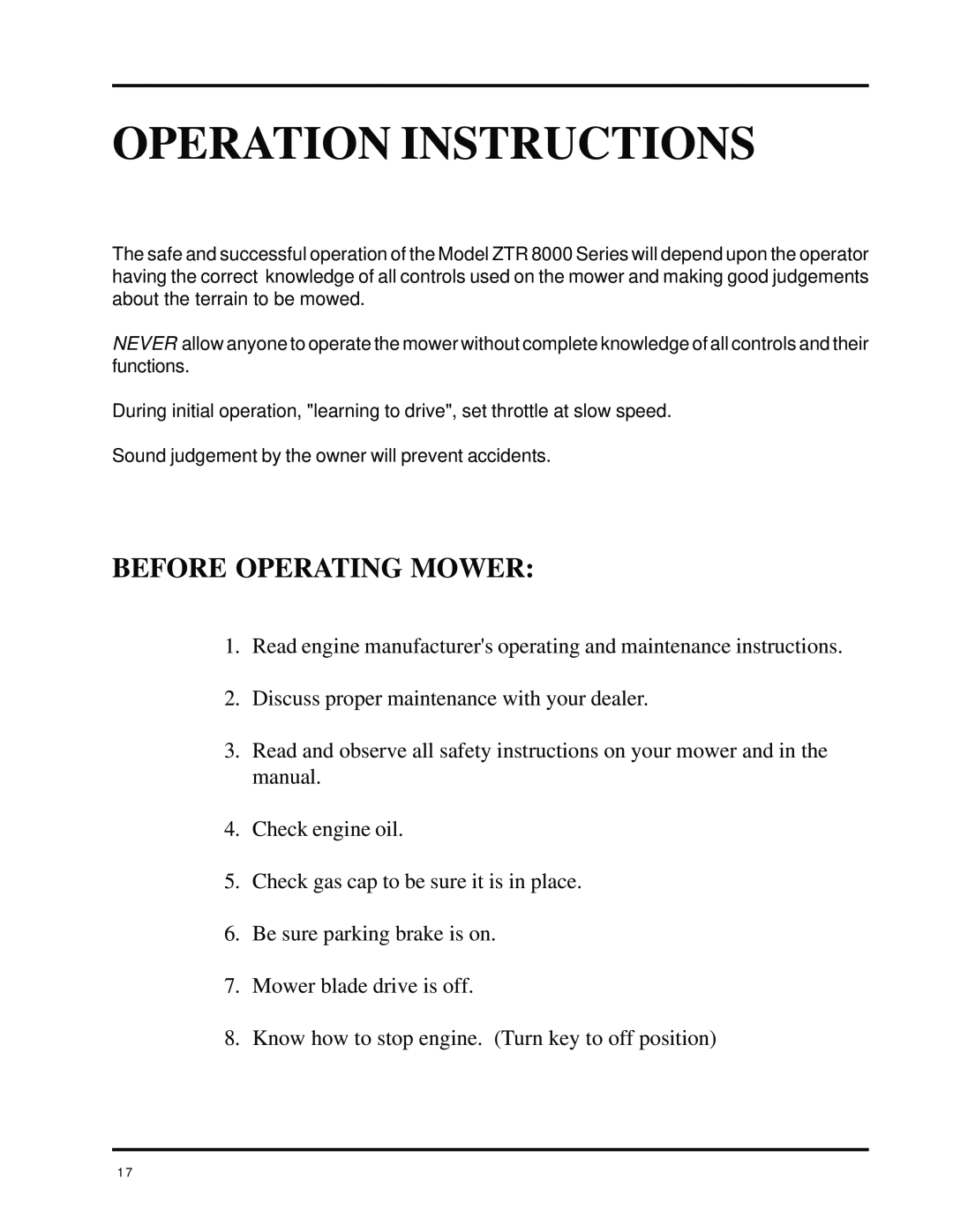 Dixon 8000 Series manual Operation Instructions, Before Operating Mower 