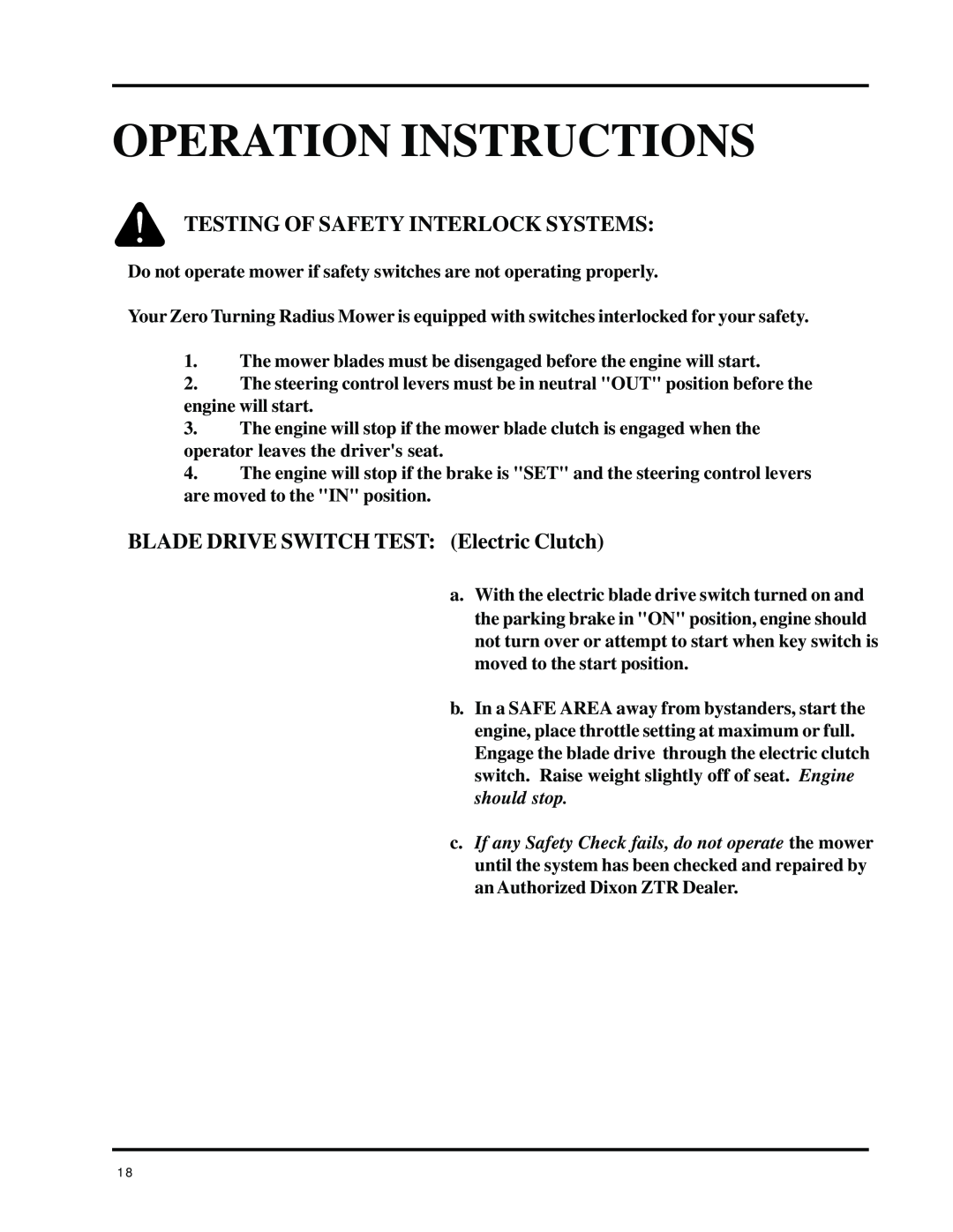 Dixon 8000 Series Operation Instructions, Testing Of Safety Interlock Systems, BLADE DRIVE SWITCH TEST Electric Clutch 