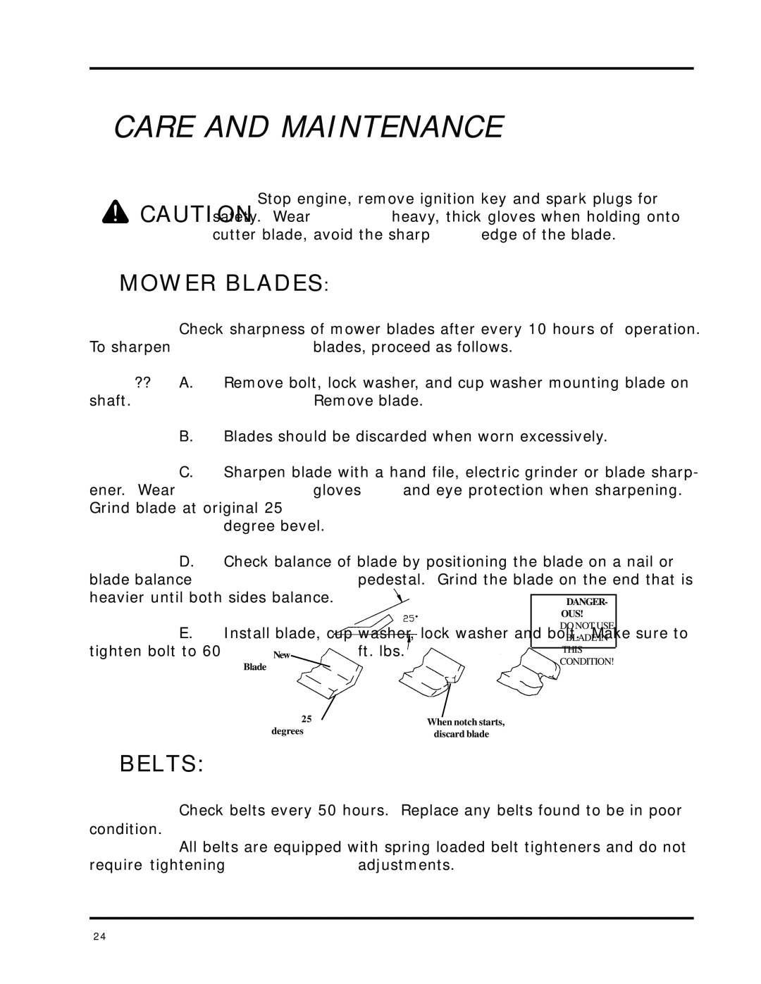Dixon 8000 Series Mower Blades, Belts, Care And Maintenance, blade balance, heavier until both sides balance, ft. lbs 