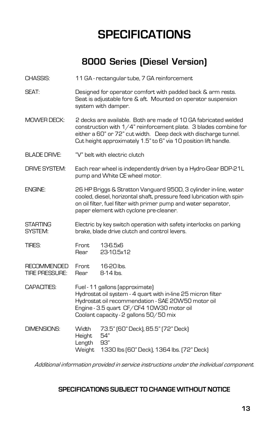 Dixon 8000D manual Specifications, Series Diesel Version 