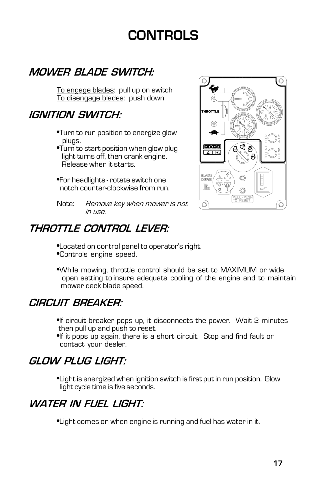 Dixon 8000D manual Mower Blade Switch, Ignition Switch, Throttle Control Lever, Circuit Breaker, Glow Plug Light 