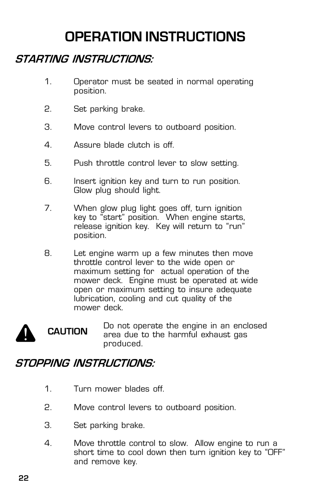 Dixon 8000D manual Starting Instructions, Stopping Instructions 