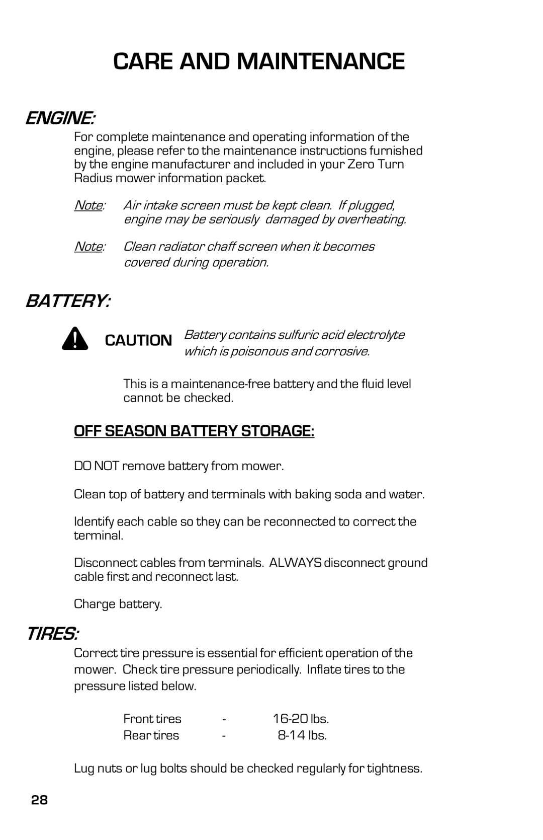 Dixon 8000D manual Engine, Battery, Tires 