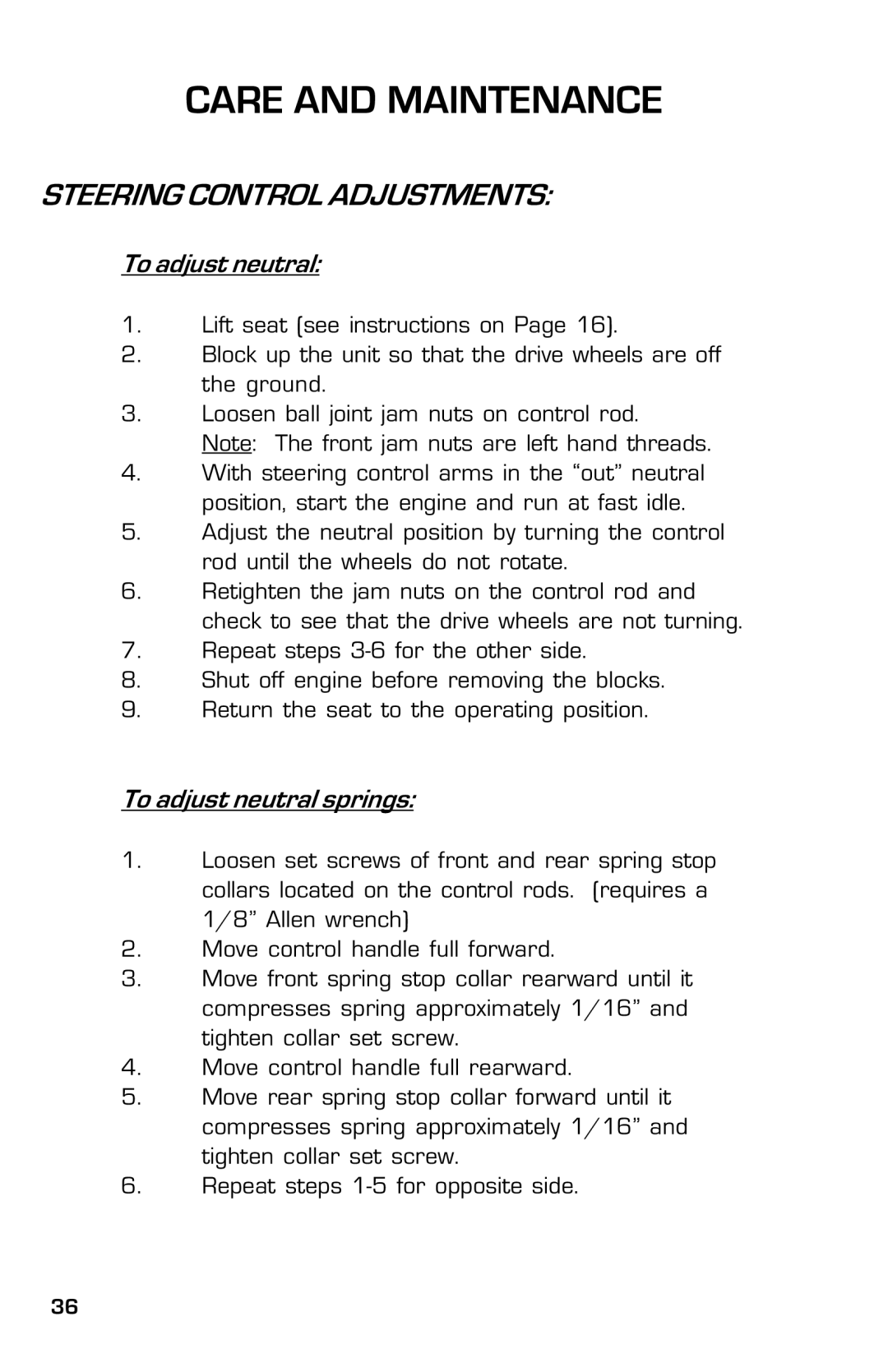 Dixon 8000D manual Steering Control Adjustments, To adjust neutral 