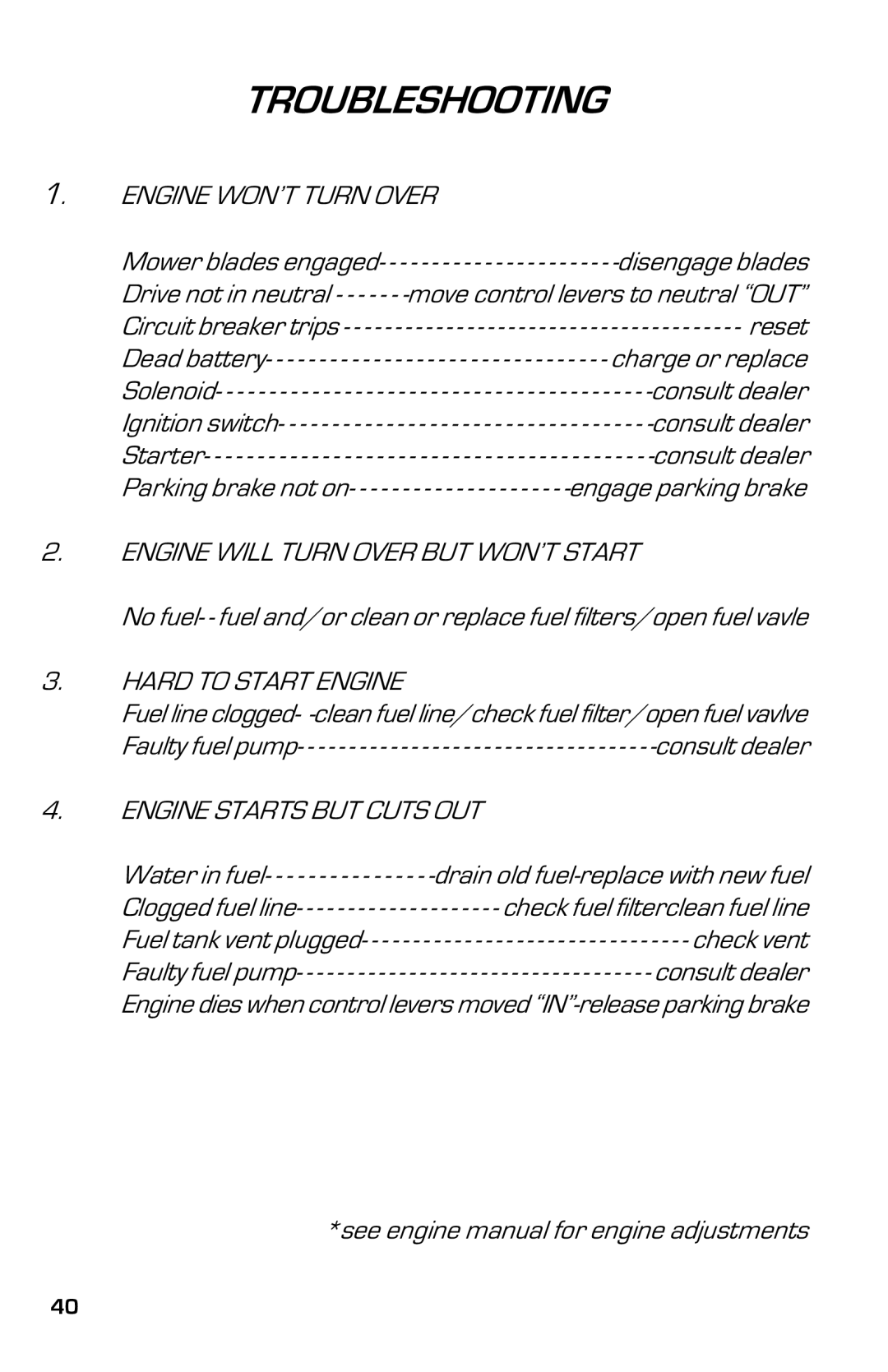 Dixon 8000D manual Troubleshooting, Engine WON’T Turn Over 