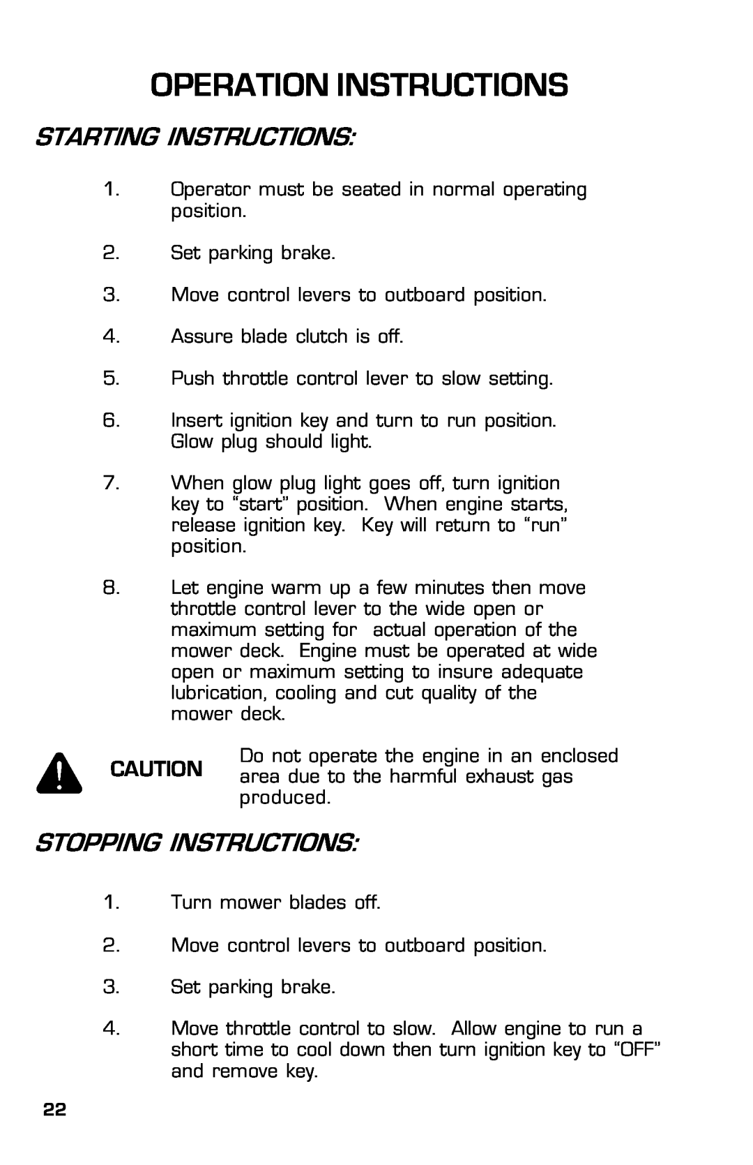 Dixon 8000D manual Starting Instructions, Stopping Instructions, Operation Instructions 