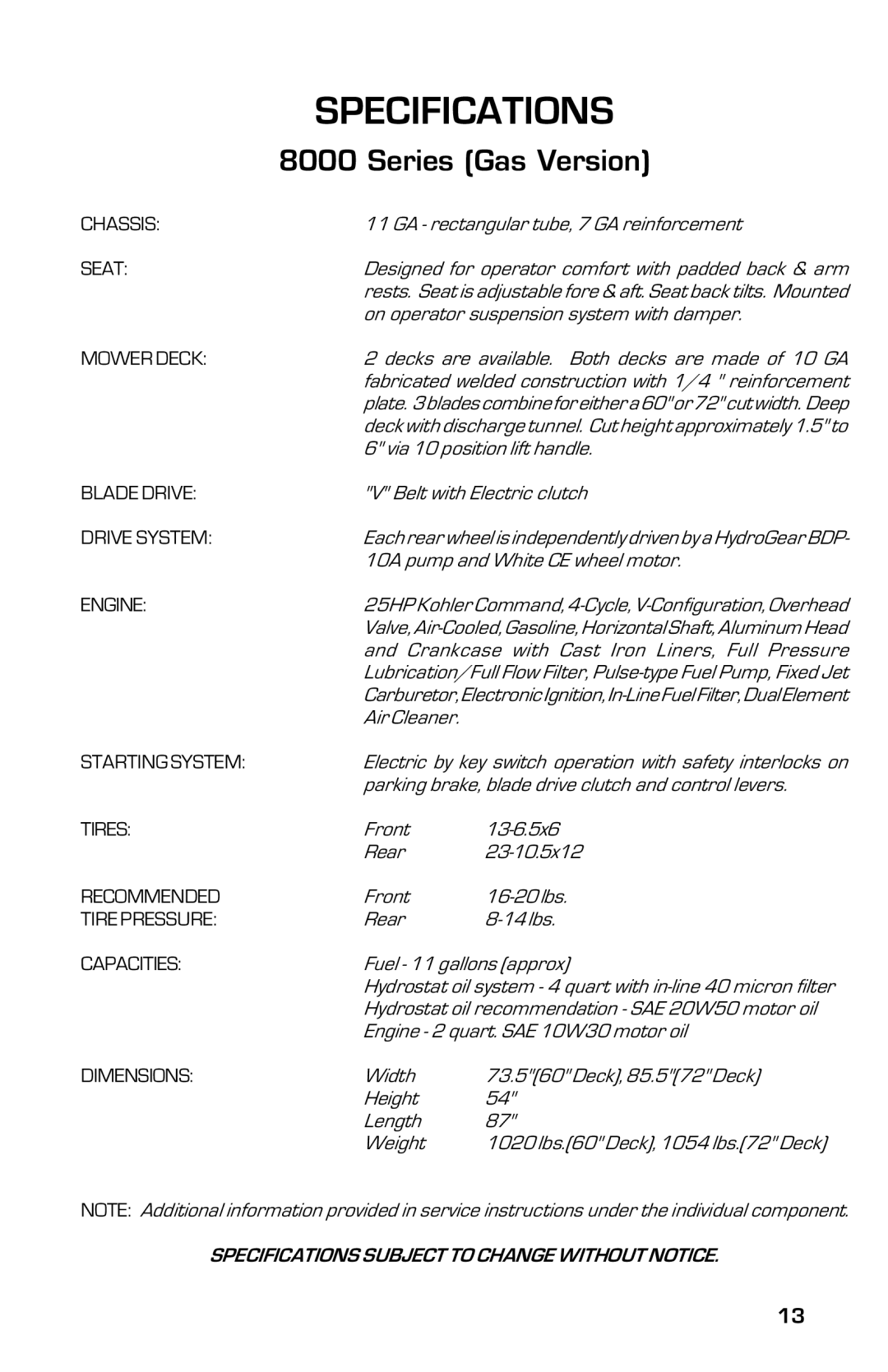 Dixon 8000G Series manual Specifications, Series Gas Version 