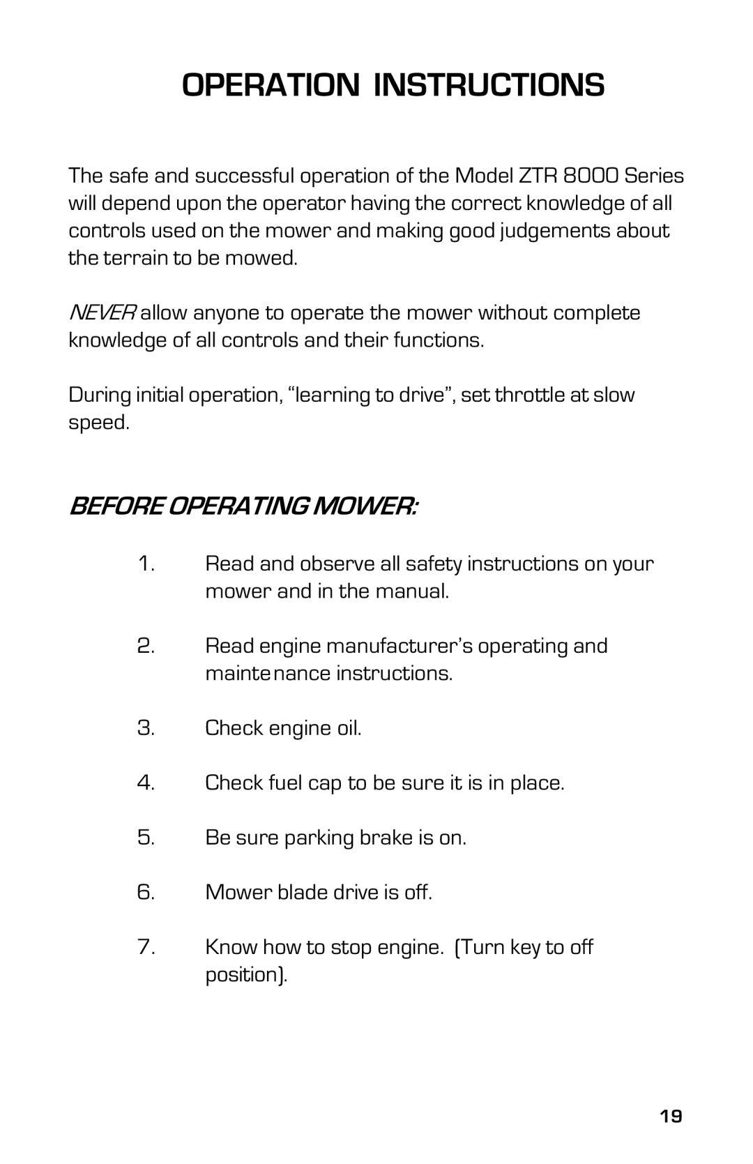 Dixon 8000G Series manual Operation Instructions, Before Operating Mower 