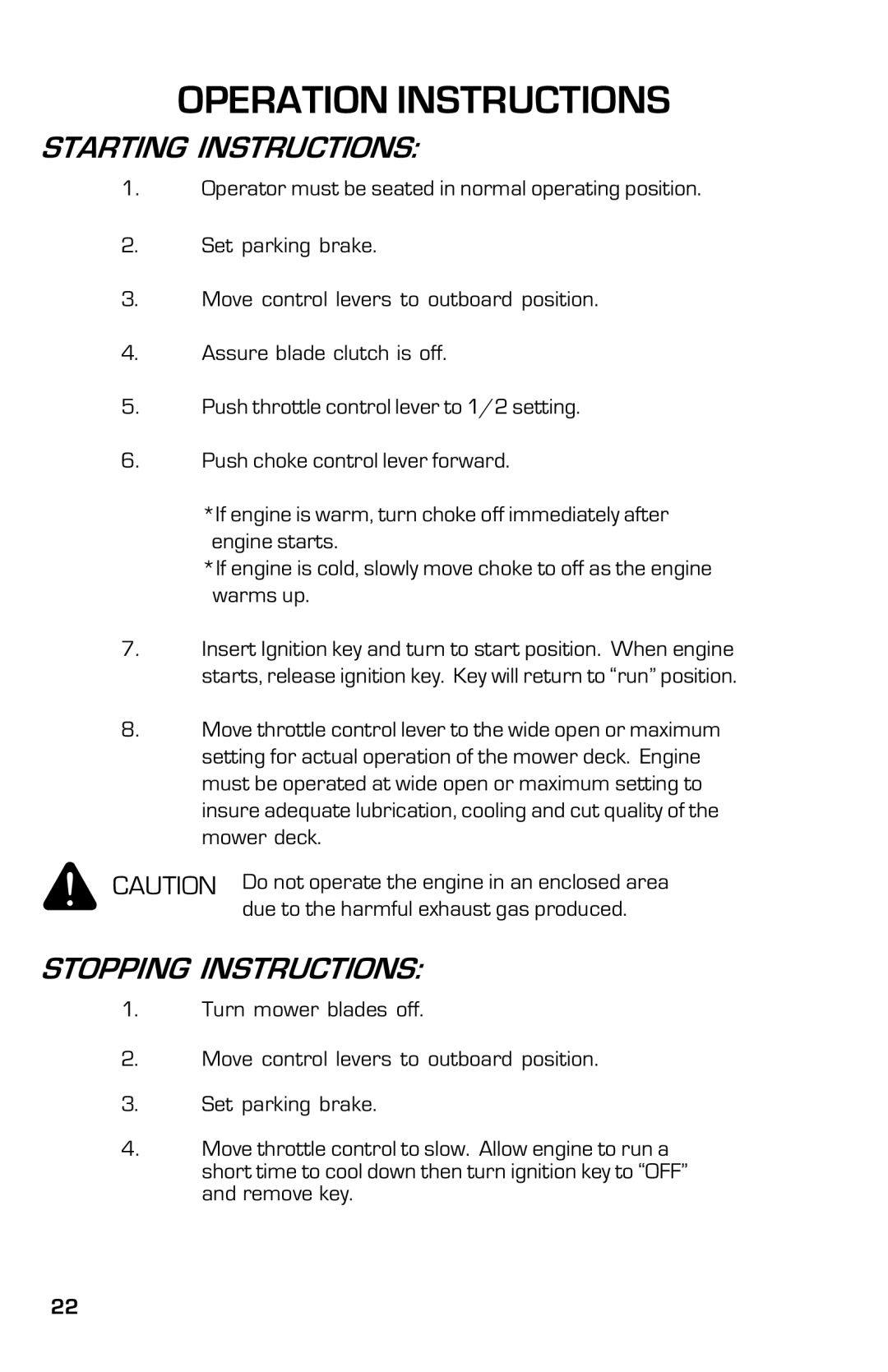 Dixon 8000G Series manual Starting Instructions, Stopping Instructions 