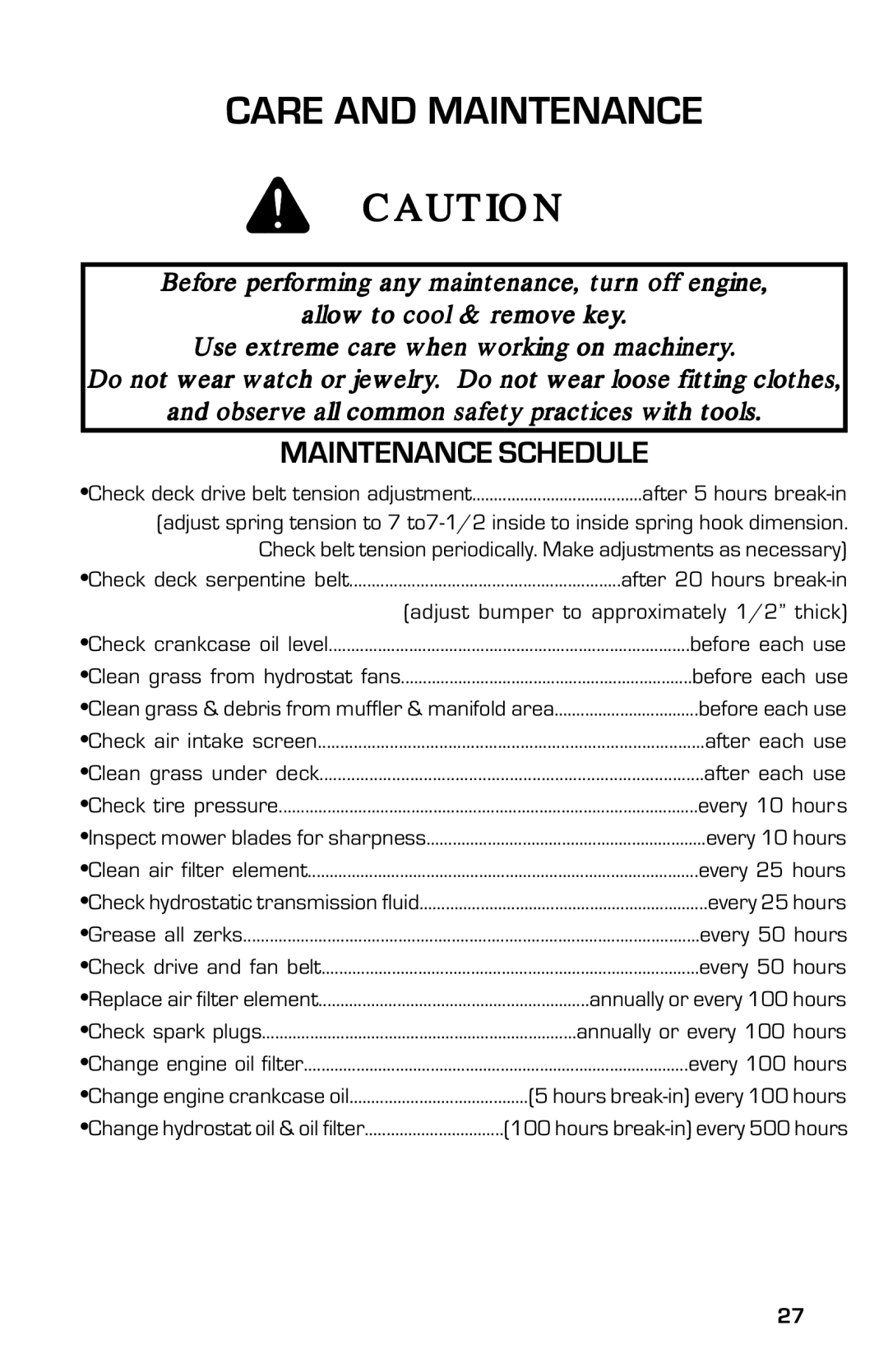 Dixon 8000G Series manual Care and Maintenance, Maintenance Schedule 