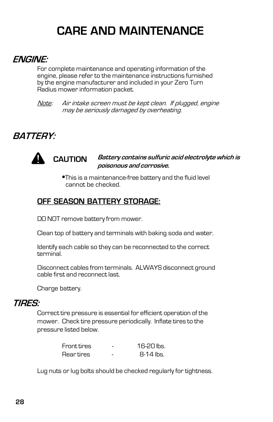 Dixon 8000G Series manual Engine, Battery, Tires 