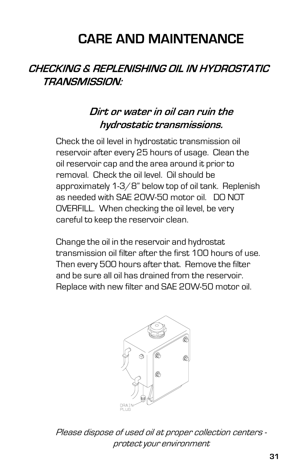 Dixon 8000G Series manual Checking & Replenishing OIL in Hydrostatic Transmission 