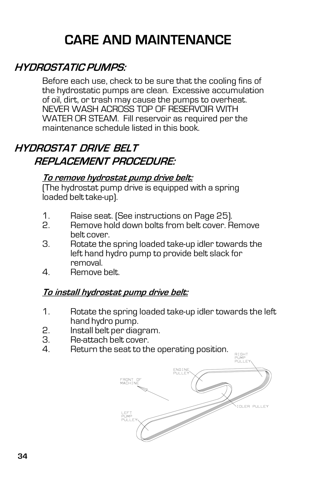 Dixon 8000G Series manual Hydrostatic Pumps, Hydrostat Drive Belt Replacement Procedure 