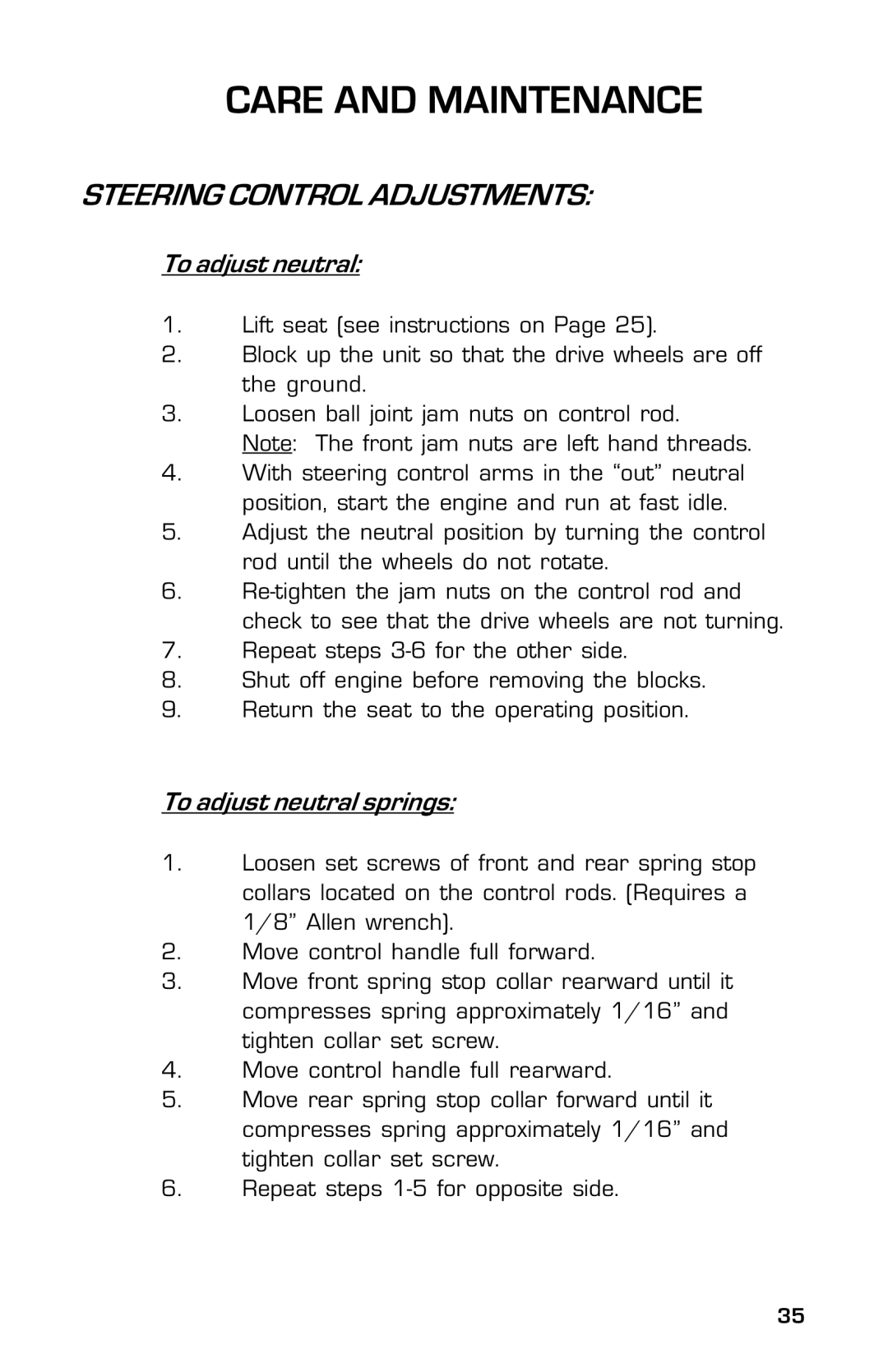 Dixon 8000G Series manual Steering Control Adjustments, To adjust neutral 