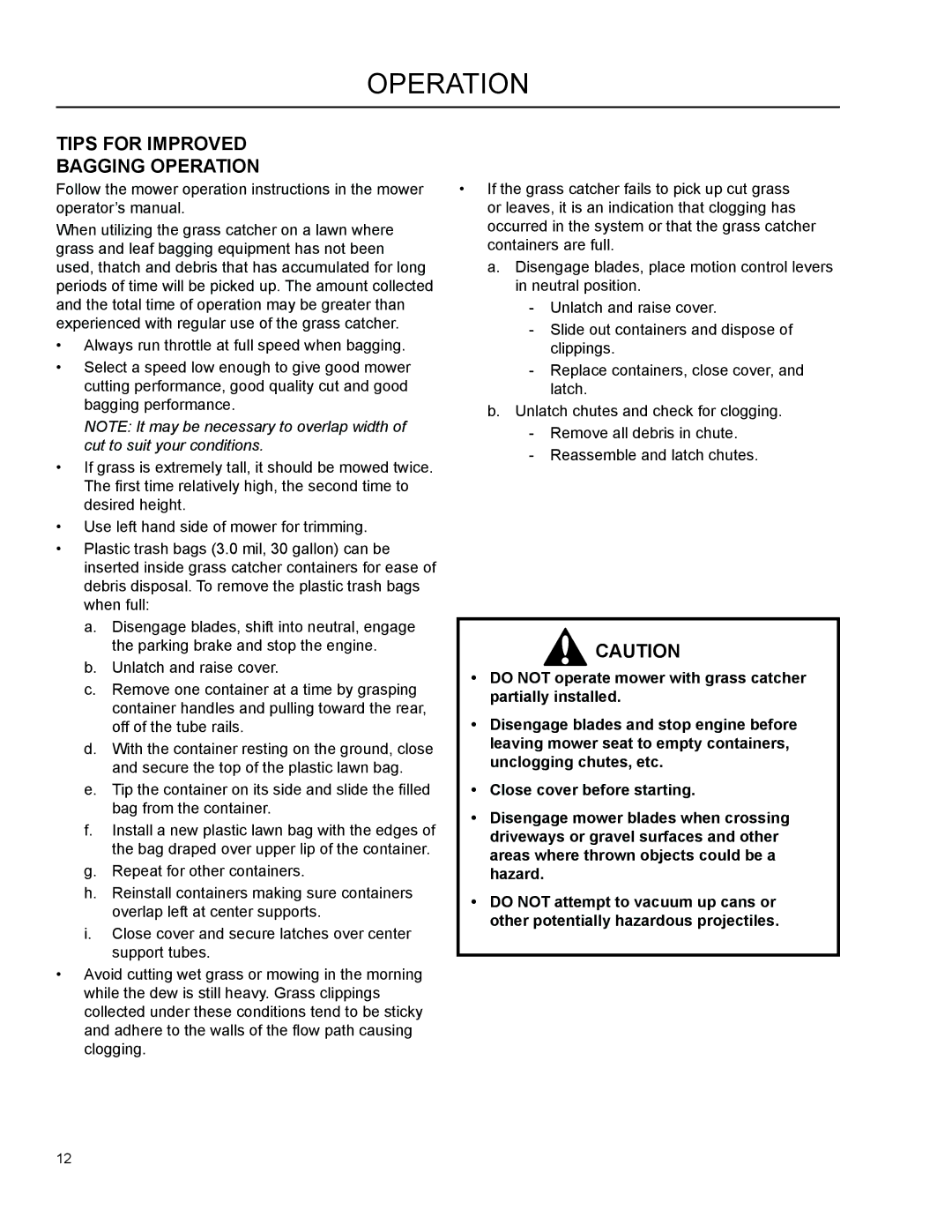 Dixon 966 004201 manual Tips for Improved Bagging Operation 