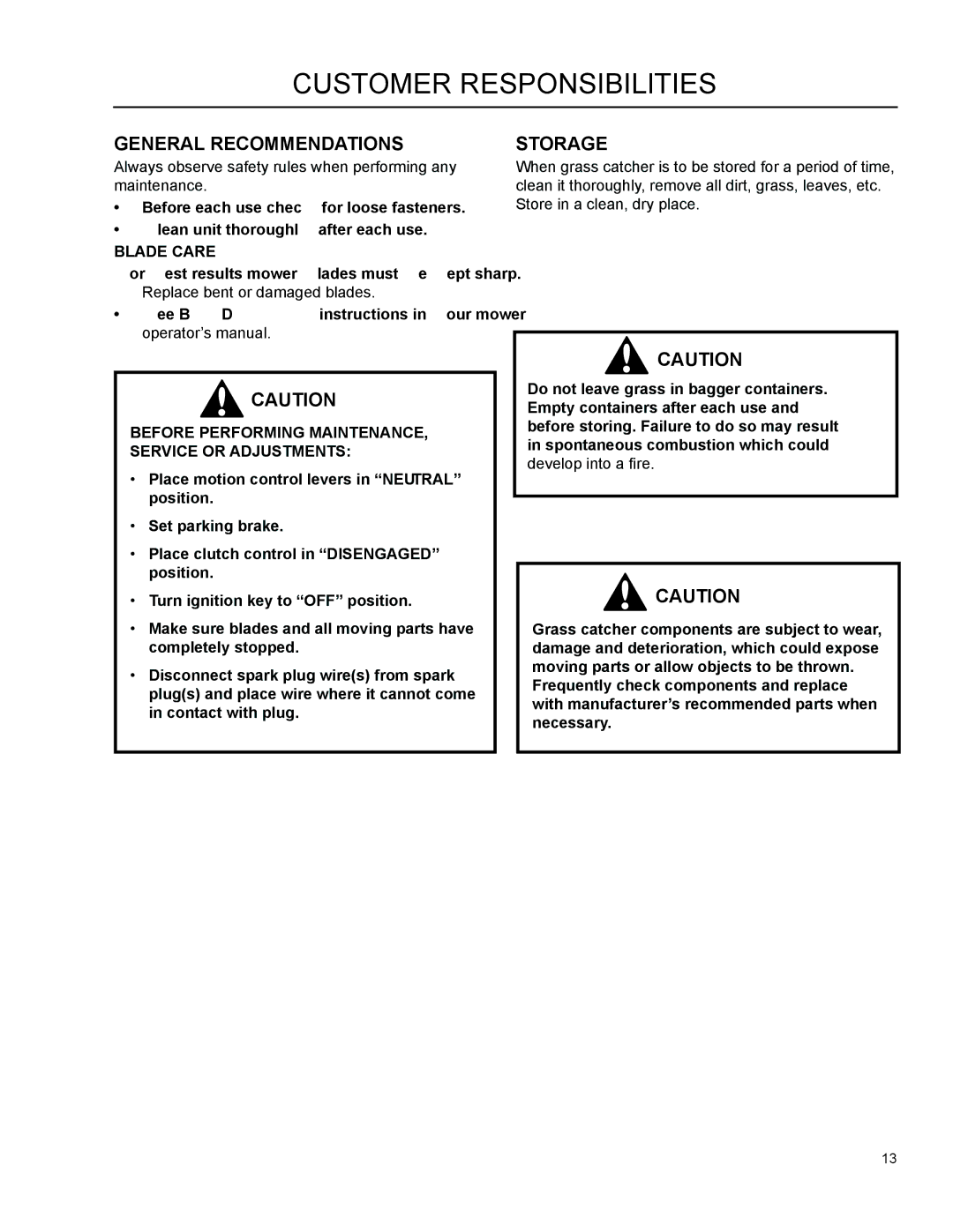 Dixon 966 004201 manual Customer Responsibilities, General Recommendations, Storage 