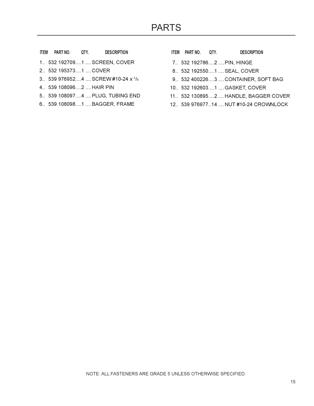 Dixon 966 004201 manual Item Part no QTY Description 