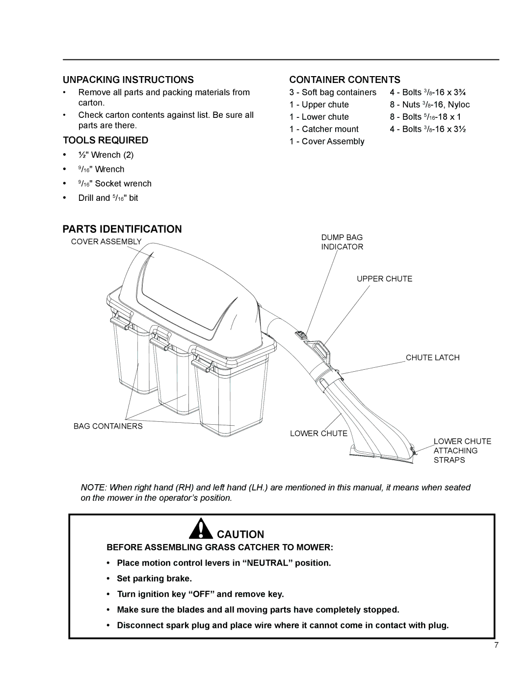 Dixon 966 004201 manual Parts Identification, Unpacking Instructions, Tools Required, Container Contents 